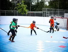 Joueurs de dek hockey junior en celebration apres un but important